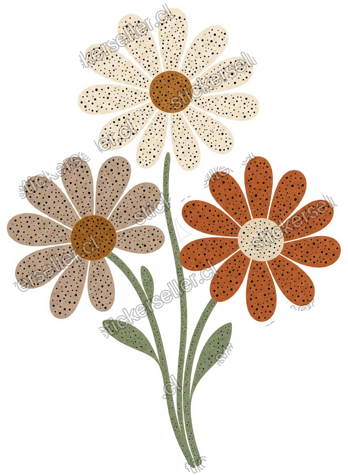 Sticker de tres flores de pétalos punteados en crema, taupe y café rojizo, con tallos verde salvia.