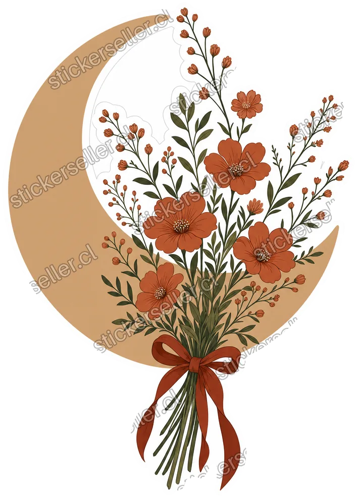 Sticker de una luna creciente color arena con un ramo de flores terracota atado con cinta, apoyado en su curva interior.
