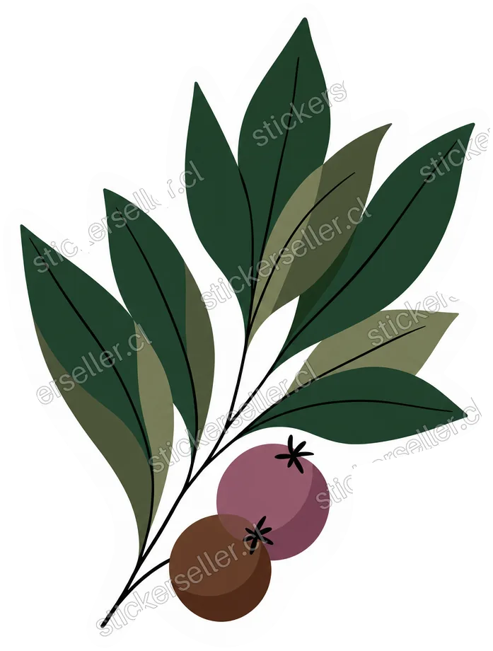Sticker de una ramita con hojas puntiagudas verde oscuro y dos bayas malva y café en la base.
