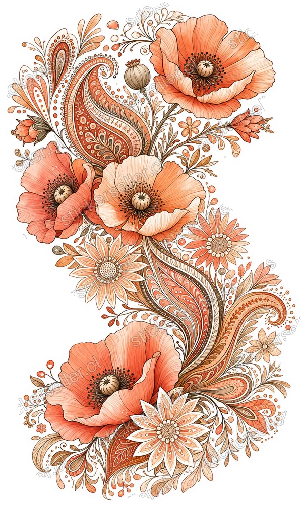 Sticker de un collage floral curvo con amapolas, motivos paisley y flores en estallido, en tonos durazno y terracota.