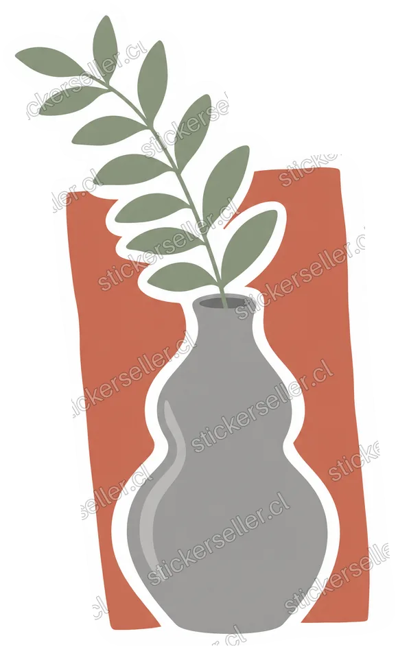 Sticker de un florero gris con una rama de hojas verde salvia, sobre un rectángulo terracota de fondo.