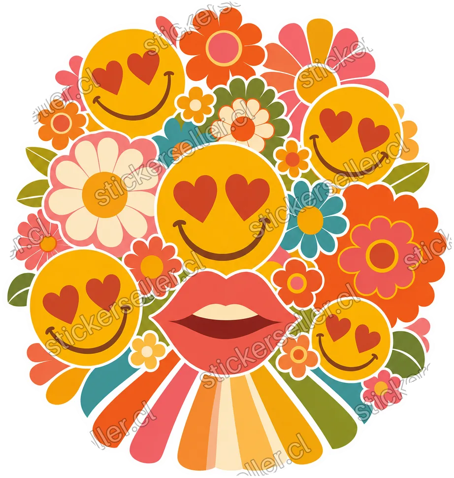 Sticker collage retro con caritas de ojos en forma de corazón, flores groovy y labios con rayos, en tonos naranjo, coral y mostaza.