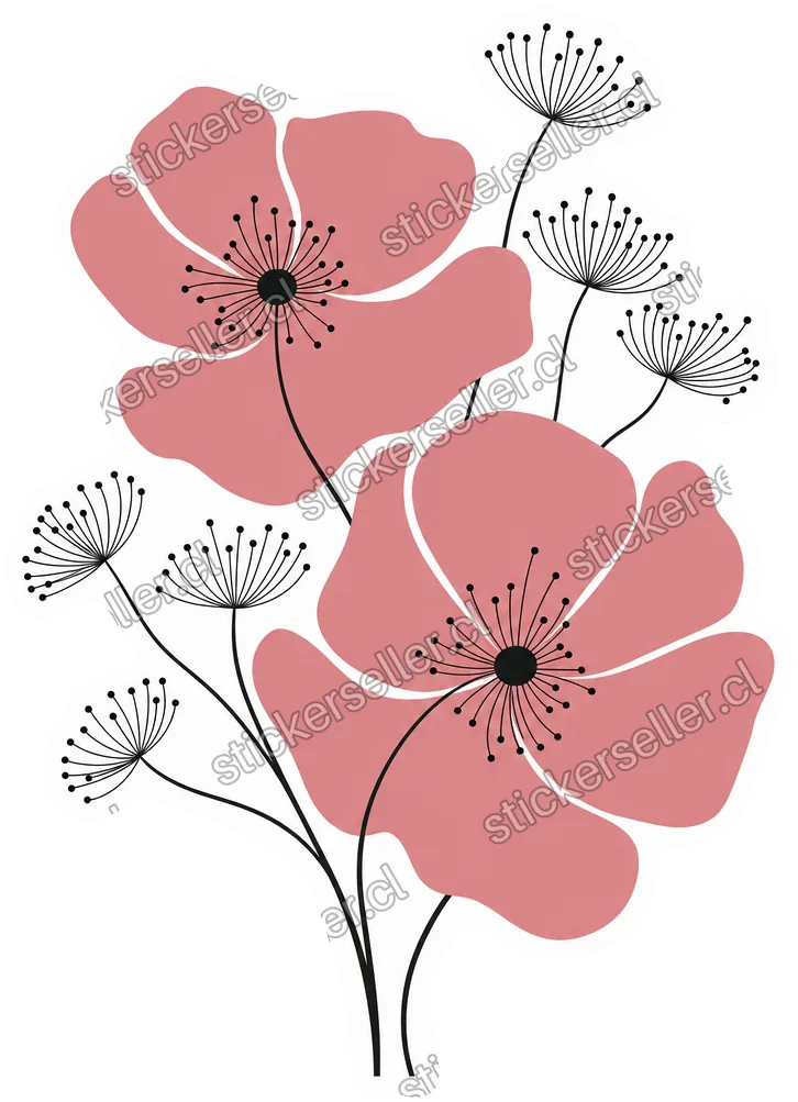 Sticker de dos amapolas rosadas abstractas entrelazadas con tallos de diente de león en línea negra.