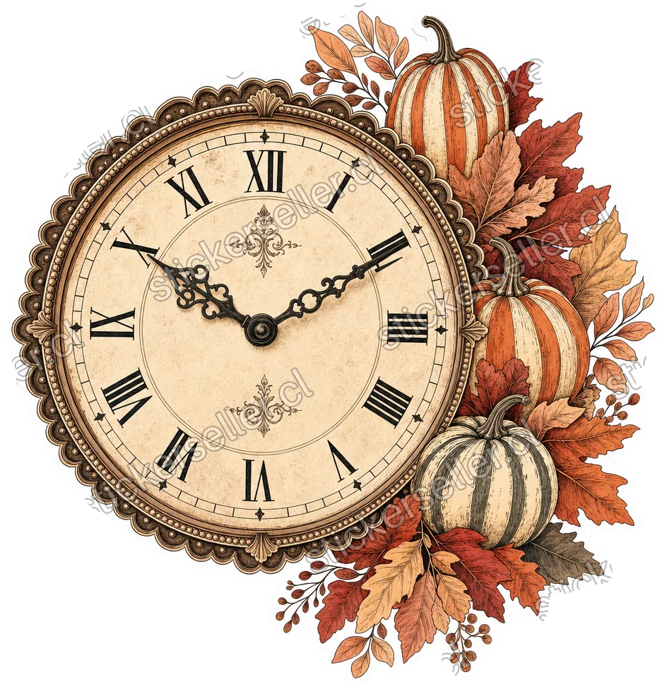 Sticker de un reloj antiguo de números romanos junto a hojas de otoño y calabazas rayadas, en tonos crema y óxido.