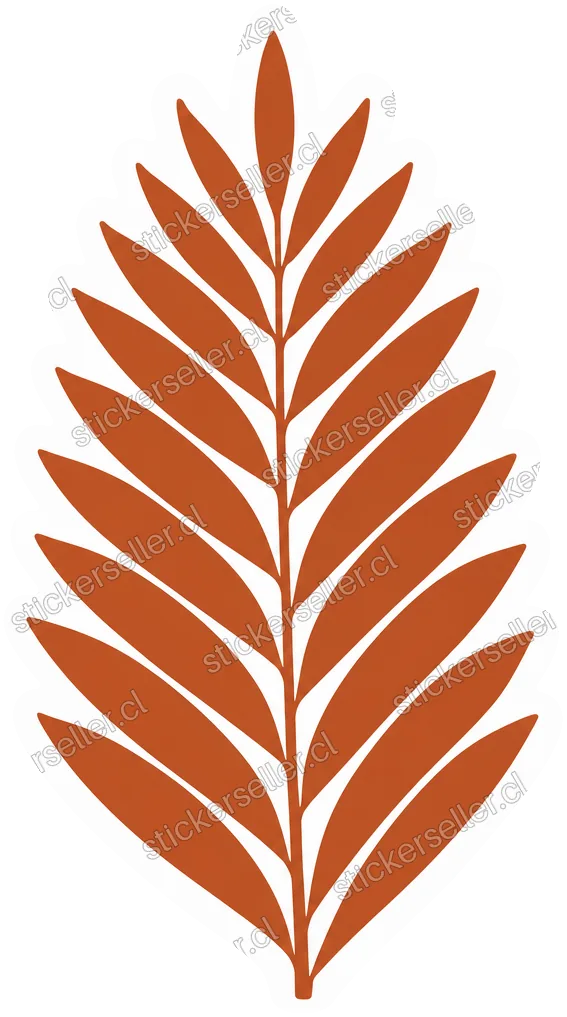 Sticker de una hoja pinnada vertical color café óxido, en silueta plana estilo grabado.