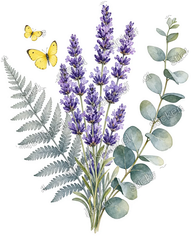 Sticker de ramitas de lavanda morada junto a un helecho gris y tres mariposas amarillas, en acuarela.