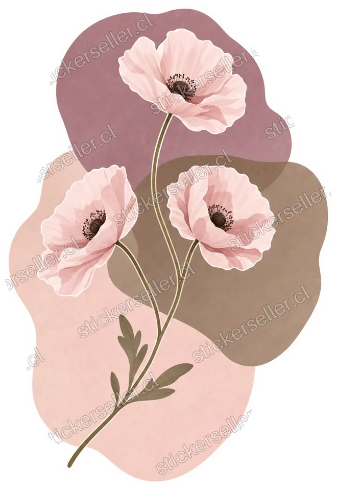 Sticker de tres amapolas rosa pálido sobre formas orgánicas superpuestas en malva, taupe y blush.