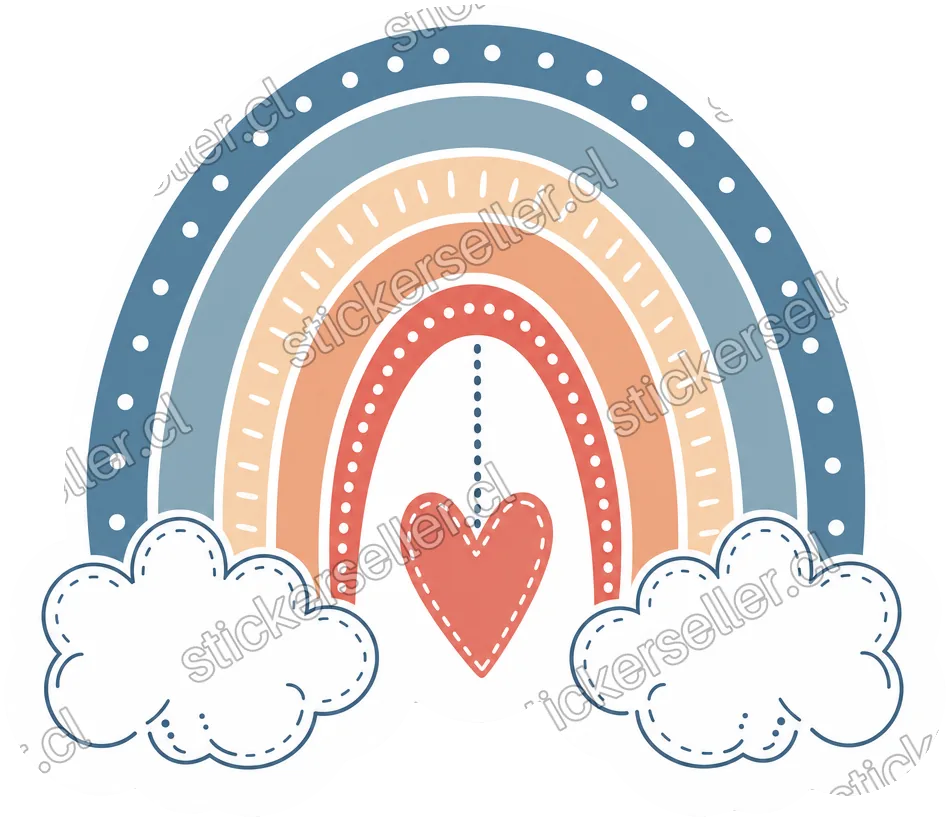 Sticker de un arcoíris de bandas azules, durazno y coral sobre dos nubes blancas, con un corazón coral al centro.