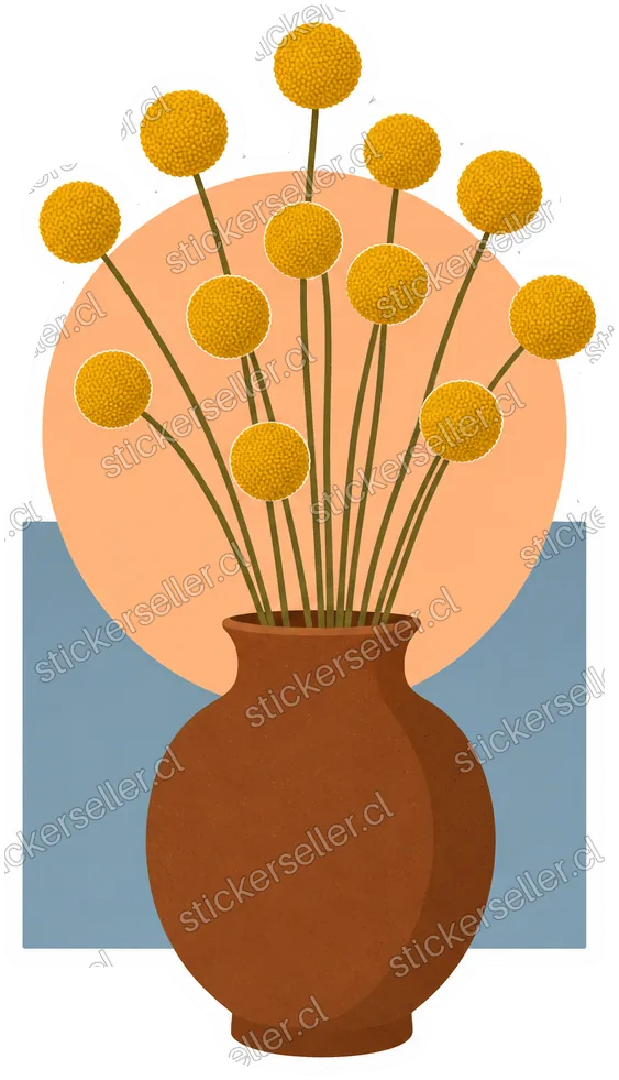 Sticker de un florero café con flores redondas amarillo mostaza tipo pompón, sobre un círculo durazno y un cuadrado gris azulado.