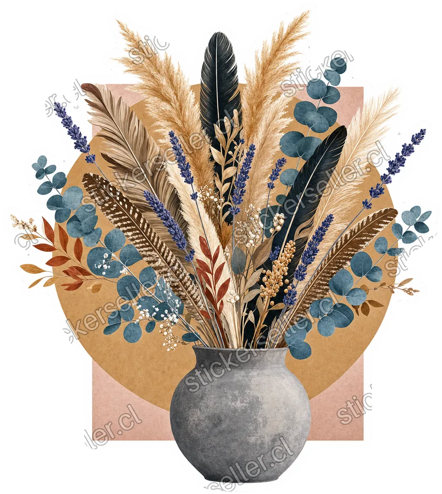 Sticker de un ramo de flores secas —pampas, plumas y eucalipto— en un florero gris, sobre formas arena y blush.