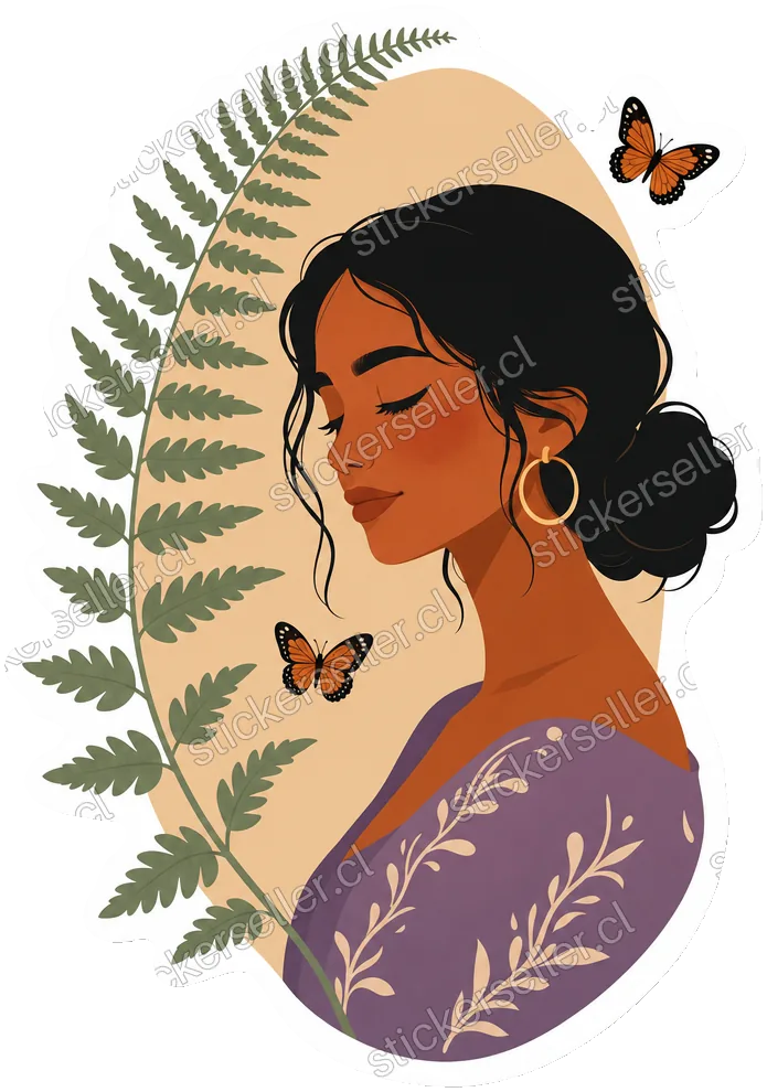 Sticker del perfil sereno de una mujer de piel terracota junto a una hoja de helecho y dos mariposas pequeñas.