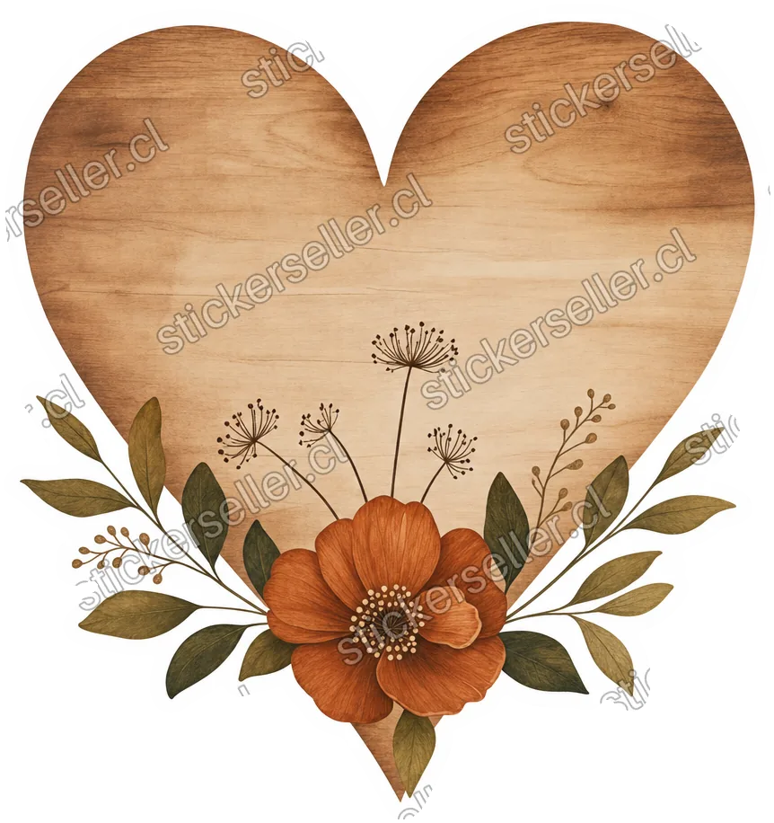 Sticker de un corazón con relleno de vetas de madera café, con una florecita y tallos de diente de león en la base.