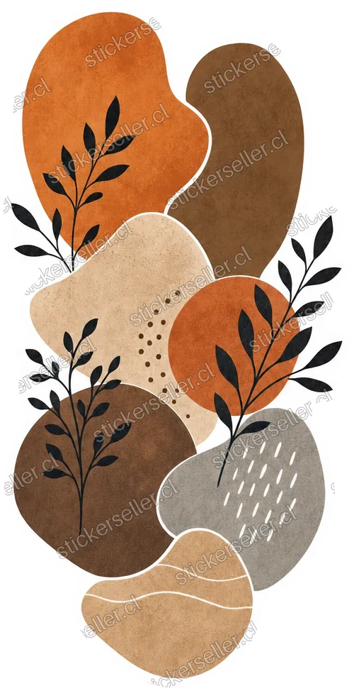 Sticker de formas orgánicas apiladas en tonos terracota y gris, con ramitas de hojas negras encima.