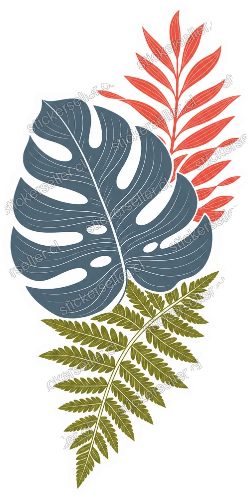Sticker de una hoja de monstera gris azulado junto a un brote coral plumoso y una hoja de helecho verde oliva.