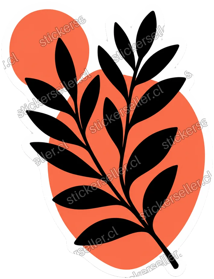 Sticker de una rama de hojas negras sobre un círculo y un óvalo color coral, con fuerte contraste de espacio en blanco.