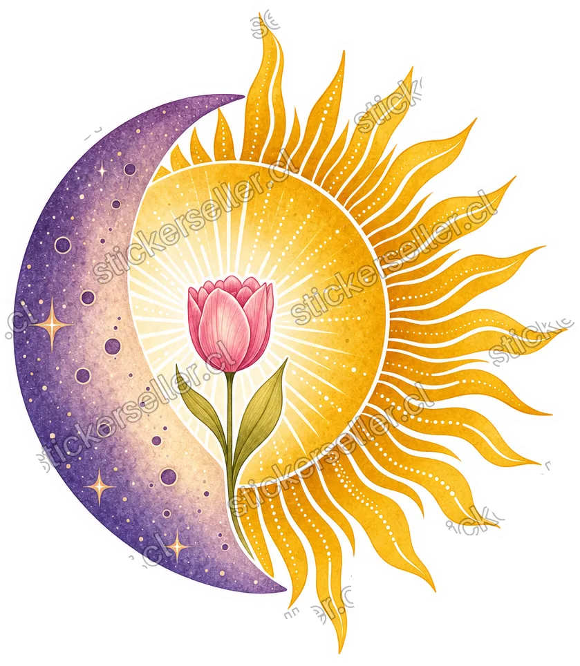 Sticker de un disco dividido en sol dorado y luna morada moteada, con un tulipán rosado creciendo al centro.