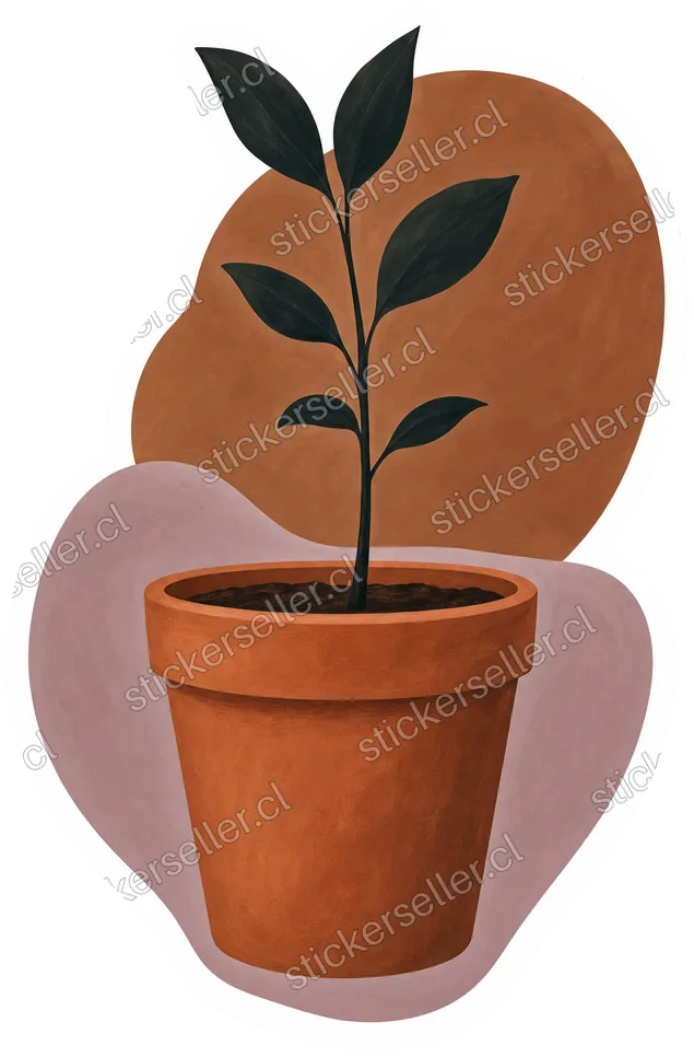 Sticker de un brote de hojas oscuras en una maceta terracota, sobre formas orgánicas café y malva de fondo.