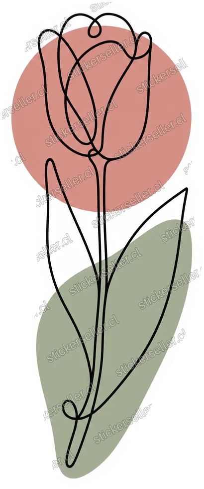 Sticker de un tulipán dibujado en una sola línea negra, sobre un círculo rosado apagado y una forma de hoja verde salvia.