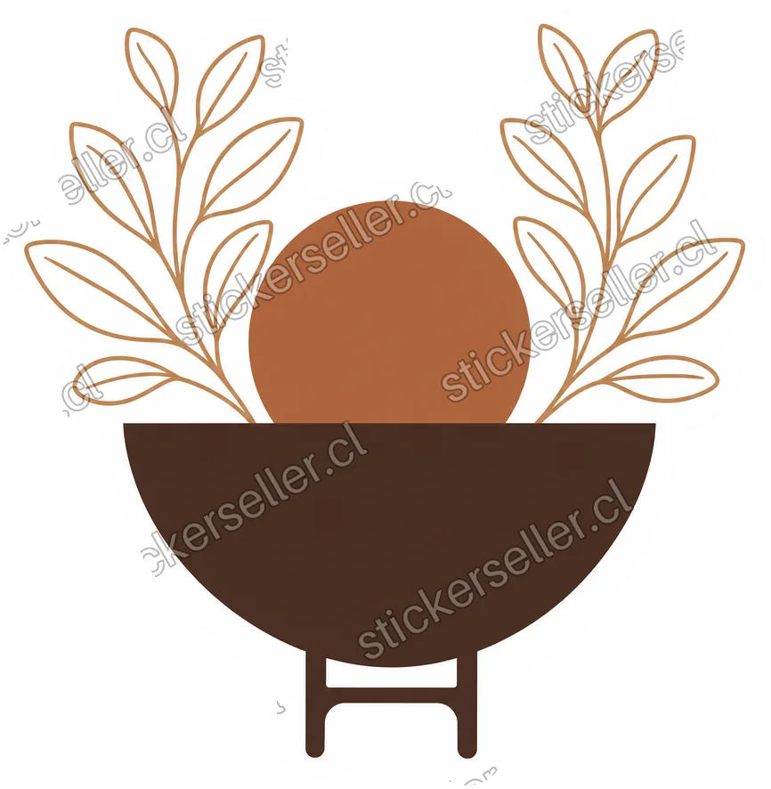 Sticker de un cuenco café oscuro con un círculo cobrizo y dos ramitas de hojas en línea saliendo hacia los lados.