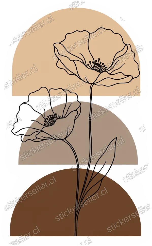 Sticker de dos amapolas en línea negra sobre tres arcos apilados en tonos tan, taupe y café.