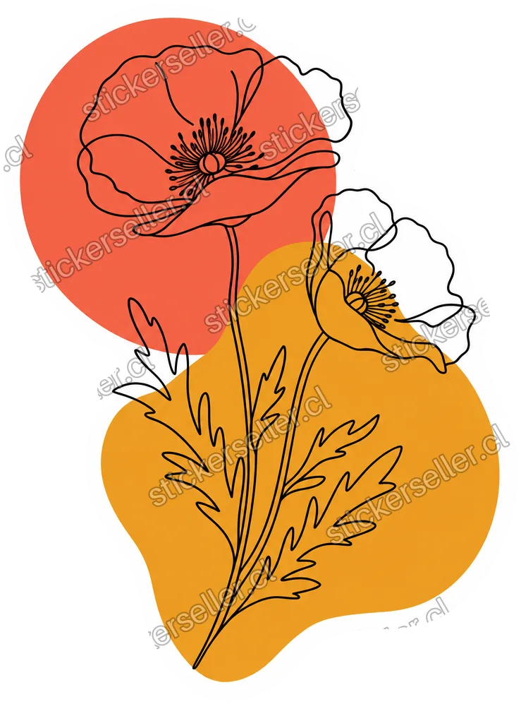 Sticker de dos amapolas en línea negra sobre un círculo coral y una forma ámbar dorado superpuestos.