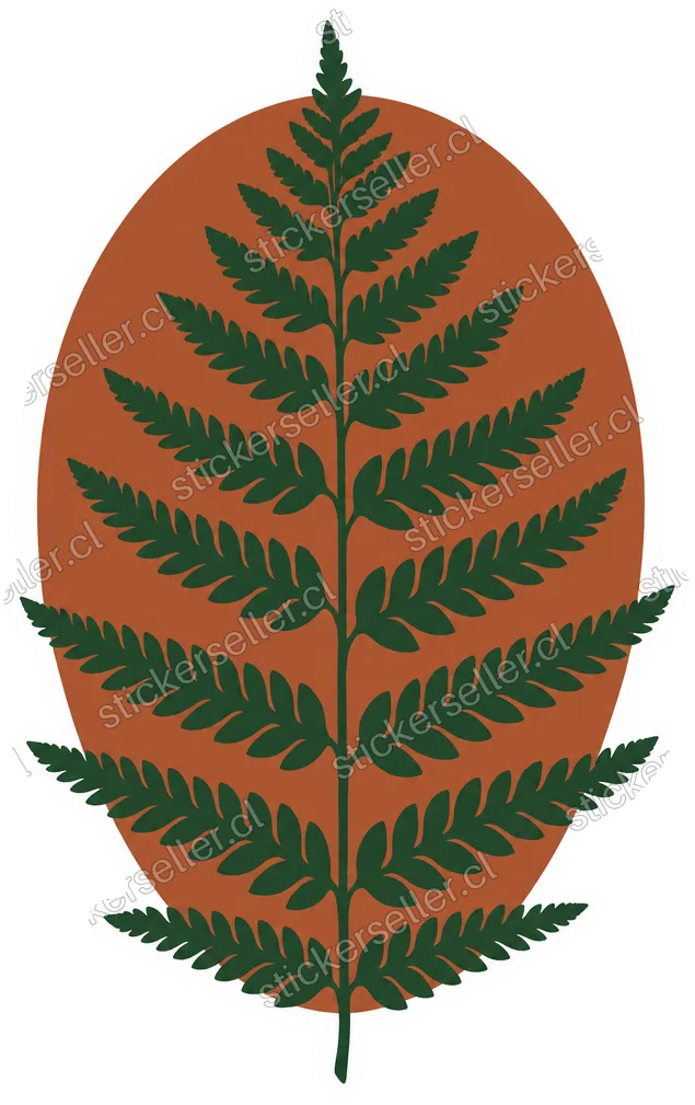 Sticker de una hoja de helecho verde oscuro centrada sobre un óvalo terracota sólido.