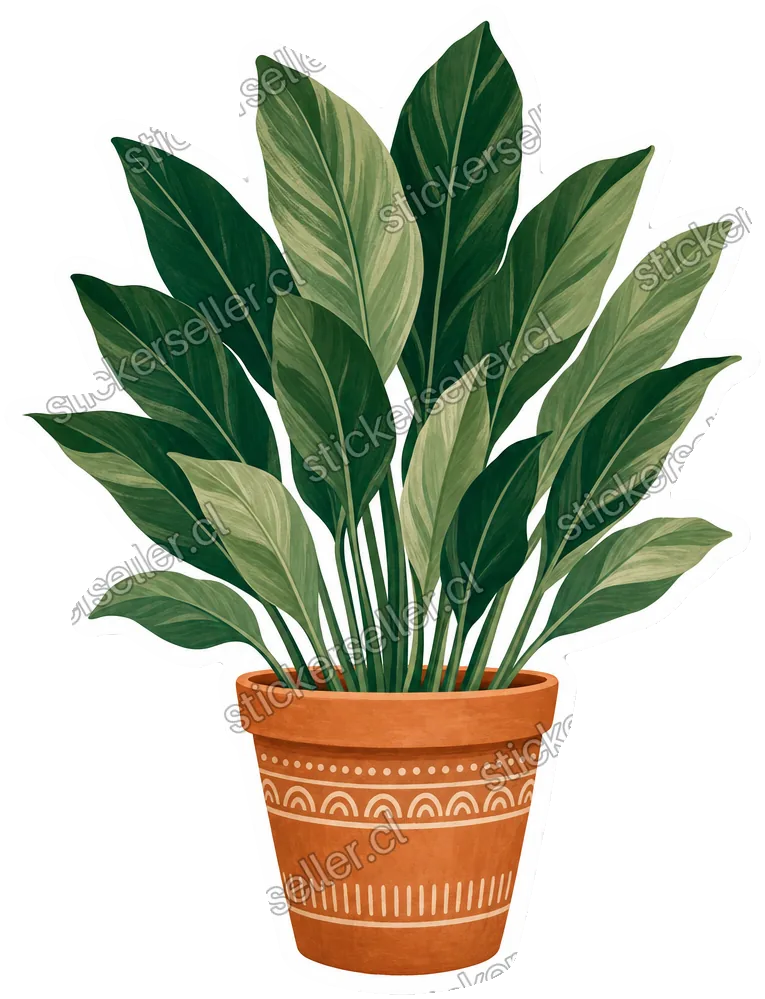 Sticker de una maceta terracota con un manojo de hojas largas verde oscuro y salvia abriéndose en abanico.
