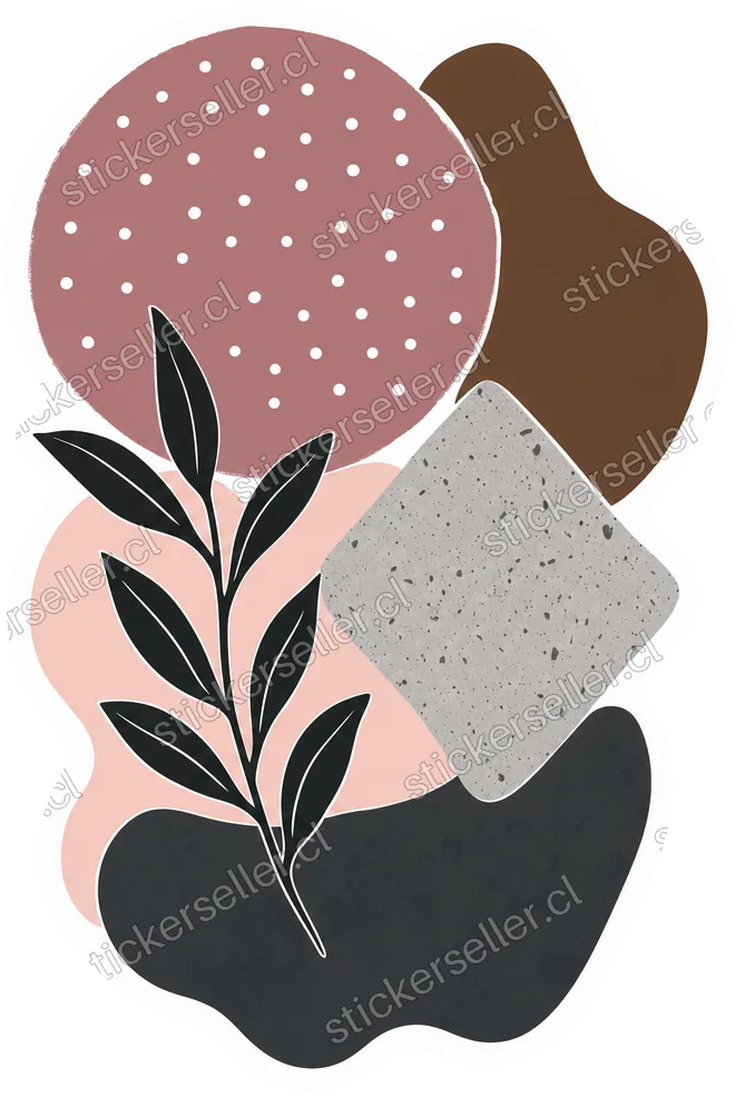 Sticker de formas orgánicas en malva, café y gris con lunares blancos y una ramita de hojas negras.