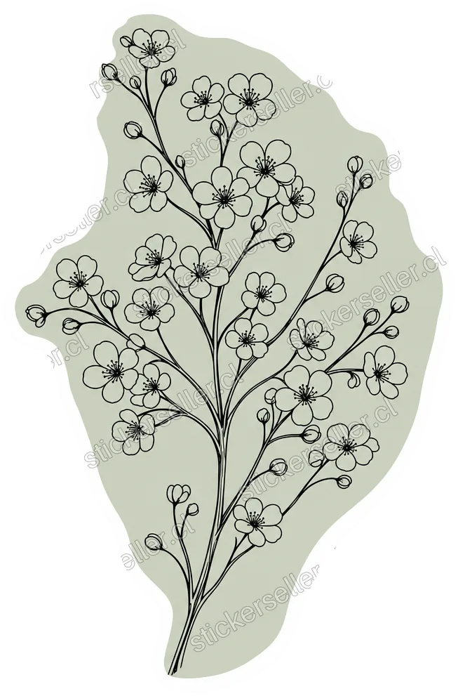 Sticker de una ramita de flores pequeñas en línea negra sobre una forma orgánica verde salvia.