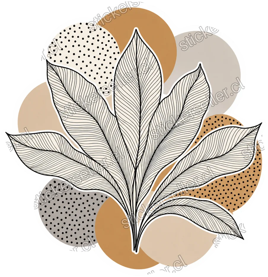 Sticker de hojas de contorno detallado abriéndose en abanico sobre círculos en tan y gris con textura punteada.