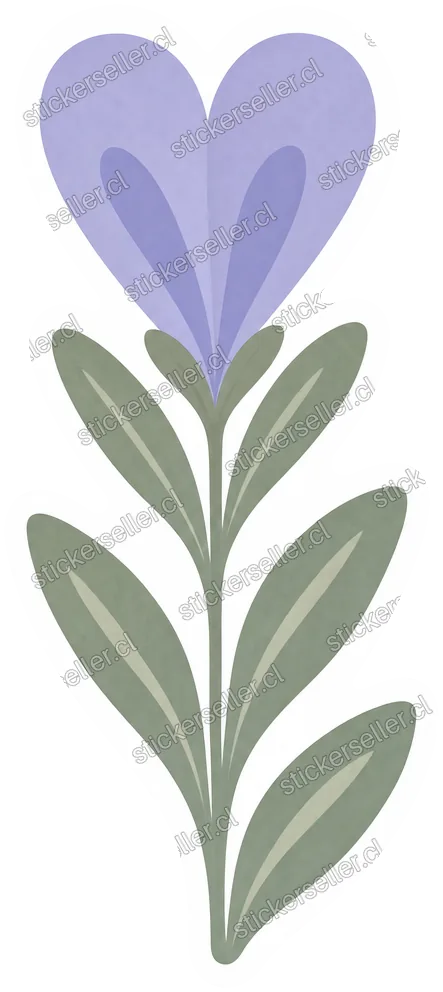 Sticker de una flor lavanda de dos lóbulos con hojas grises a lo largo del tallo.