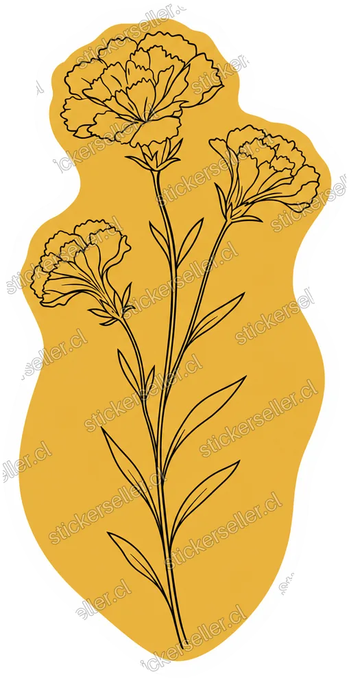 Sticker de un tallo con tres flores en línea negra sobre una forma orgánica color mostaza dorado.