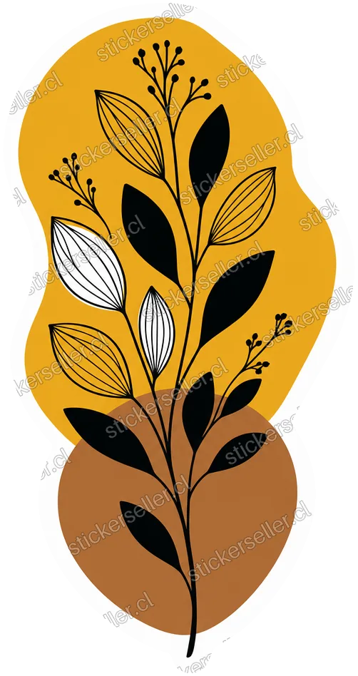 Sticker de una ramita con hojas en línea y sólidas sobre un blob mostaza y un círculo café apilados.