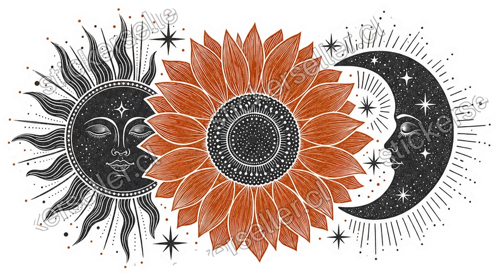 Sticker de un girasol óxido entre un sol radiante y una luna creciente, ambos en carbón con líneas blancas.