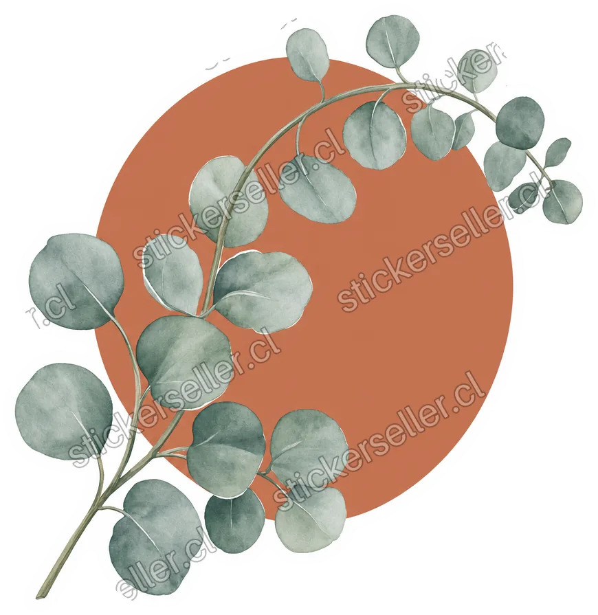 Sticker de una rama de eucalipto gris verdoso curvándose sobre un círculo terracota sólido.