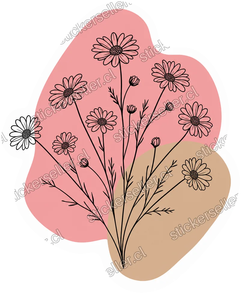 Sticker de margaritas en línea negra sobre dos formas orgánicas superpuestas en rosa polvo y tan.