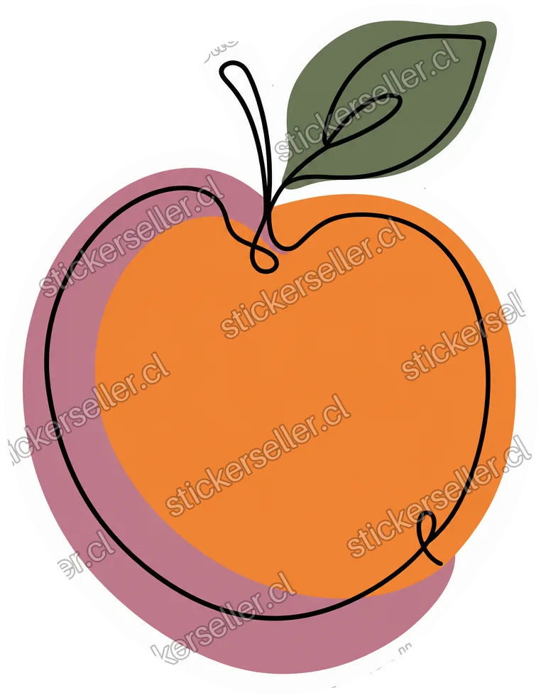 Sticker de una fruta redonda dibujada en una sola línea negra, con relleno desplazado naranjo y malva y una hoja verde arriba.