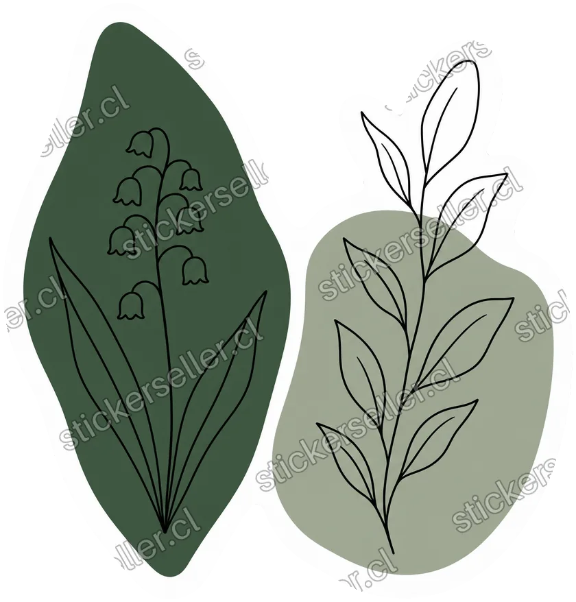 Sticker de dos formas de hoja en verde oscuro y gris verdoso, con ramitas botánicas dibujadas en línea negra.