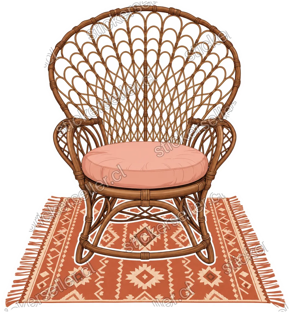 Sticker de una silla de ratán tejido con cojín rosado, sobre una alfombra terracota con flecos.