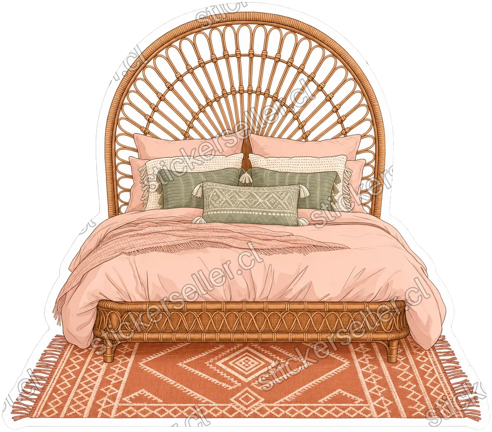 Sticker de una cama con respaldo de ratán en forma de sol, ropa de cama blush y verde, sobre una alfombra terracota con flecos.