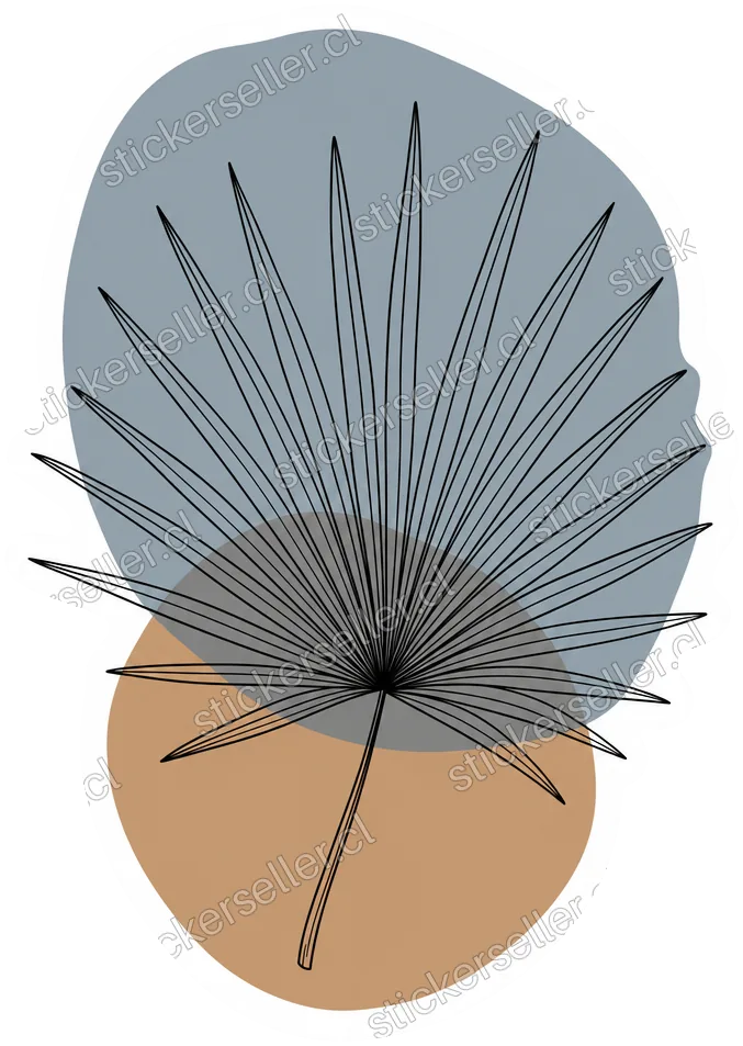 Sticker de una hoja de palma abanico en línea negra sobre dos formas orgánicas en gris azulado y arena.