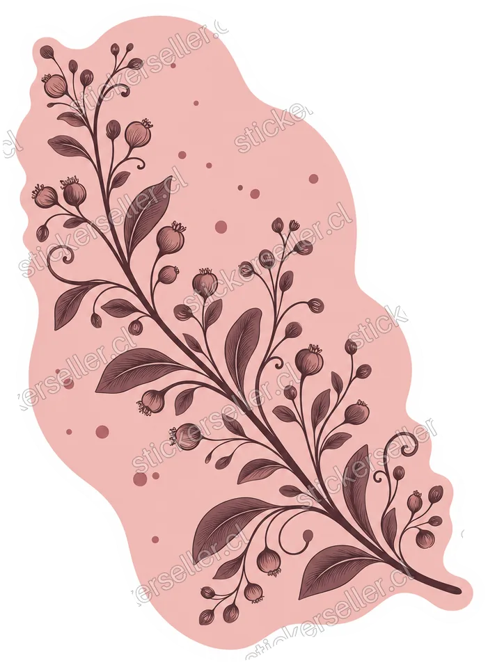 Sticker de una ramita con bayas y hojas café sobre un fondo orgánico rosado.