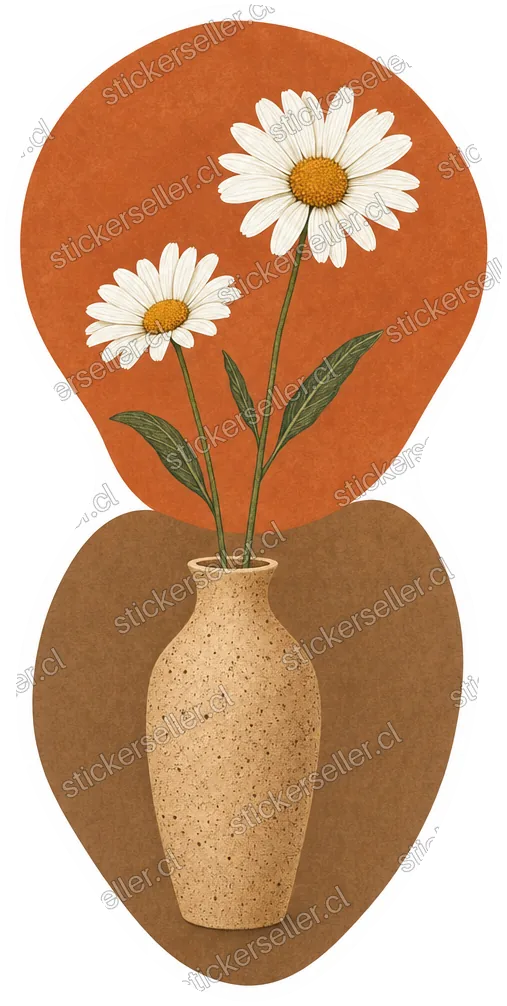 Sticker de dos margaritas blancas en un florero moteado, sobre formas terracota y café apiladas.