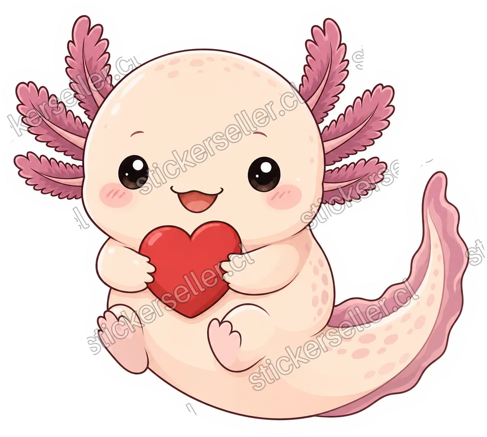 Sticker de un ajolote beige-rosado de frente, abrazando un pequeño corazón rojo contra el cuerpo.