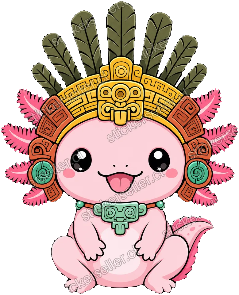 Sticker de un ajolote chibi rosado sentado, luciendo un penacho azteca dorado y terracota con plumas verde oliva.