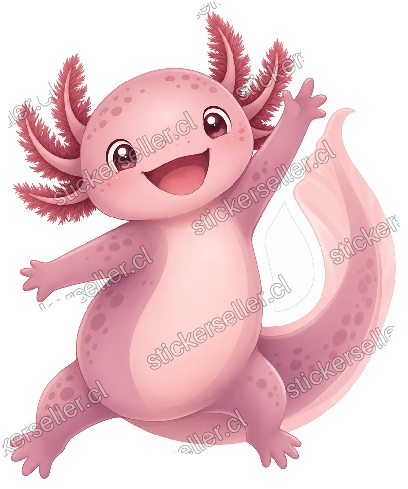 Sticker de un ajolote rosa-malva con un brazo levantado en saludo festivo y la cola disparada hacia arriba.