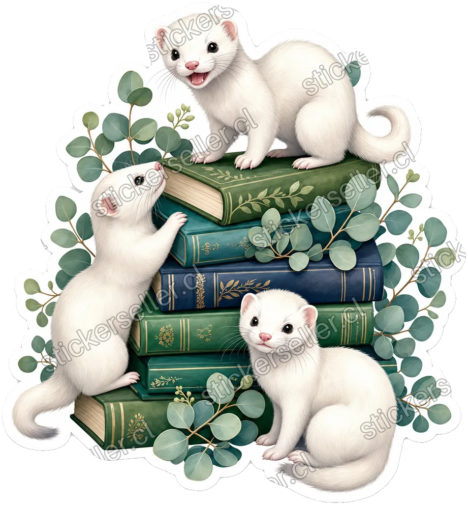 Sticker en estilo pictórico suave de tres hurones blancos posados sobre y alrededor de una pila de libros verdes, teal y navy, con ramitas de eucalipto.