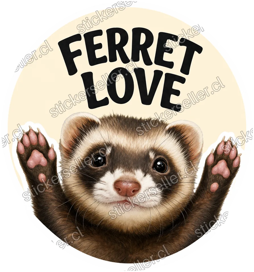Sticker circular en estilo pintado realista de un hurón asomándose desde abajo con ambas patas en alto y cojinetes rosados, dentro de una insignia crema con el texto "FERRET LOVE" arriba.