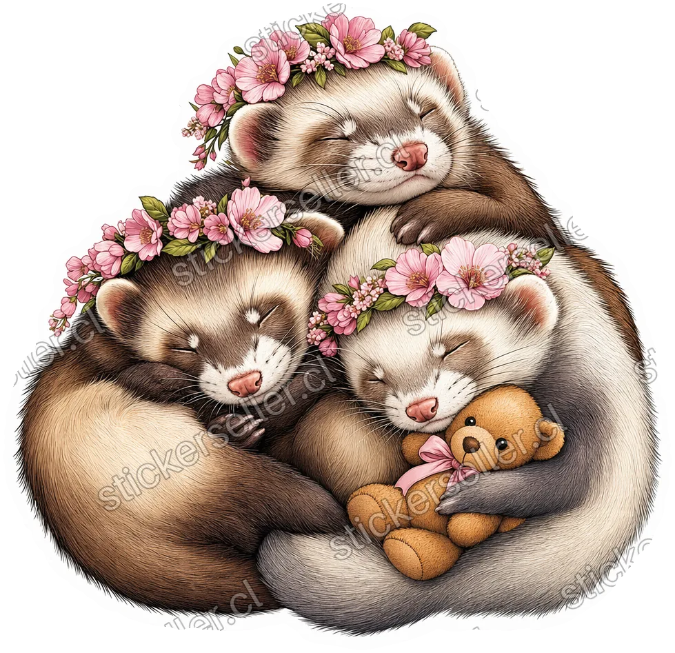 Sticker en ilustración detallada de tres hurones café, crema y blanco durmiendo acurrucados con coronas de flores rosadas, uno abrazando un pequeño osito de peluche.