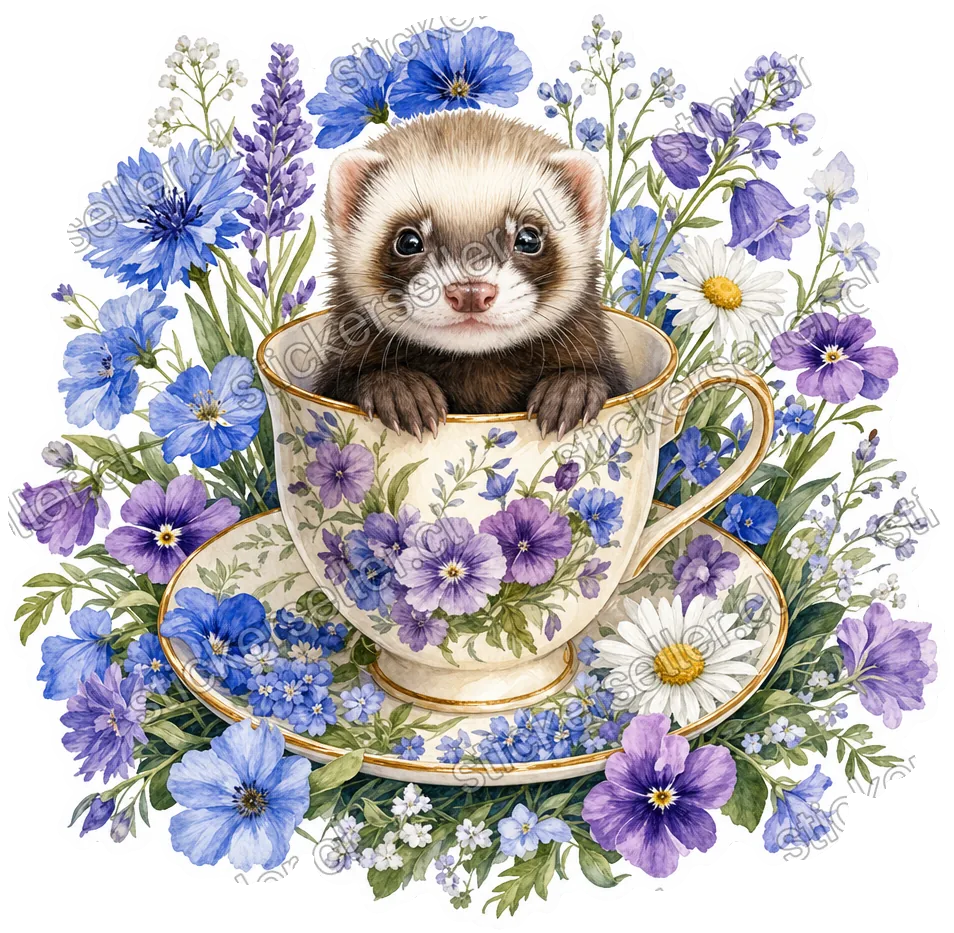 Hurón en la taza de flores
